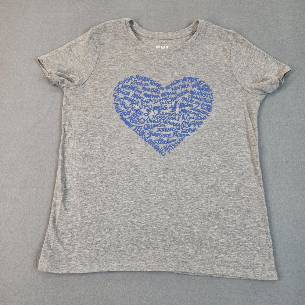 EV1 Women's Gray Graphic Heart T-Shirt Medium Short Sleeve USA States Tee